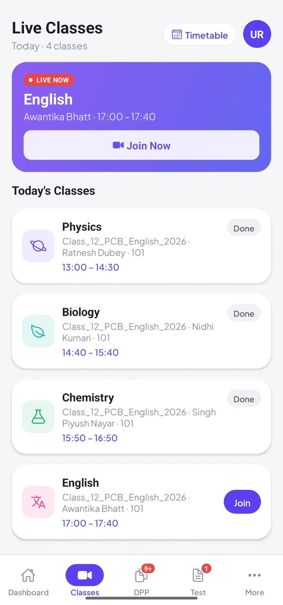 Today&rsquo;s live classes in the app, each with its subject, teacher and time, and a join link for the one running now