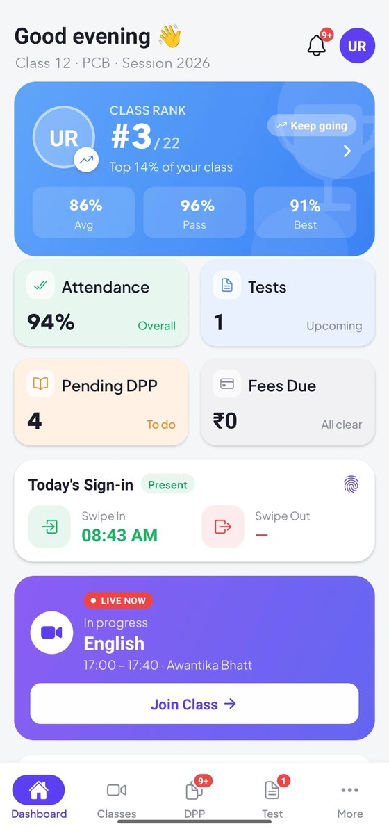 The Knox Learning Go dashboard: class rank, attendance, pending practice papers, fees due and the live class in progress