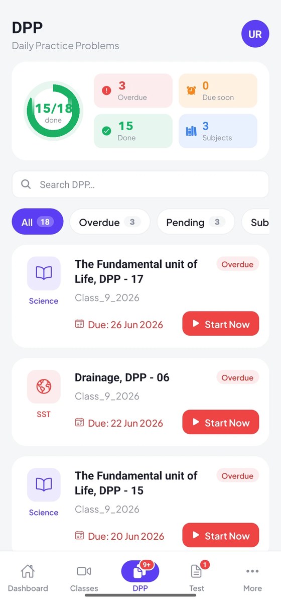 Daily practice problems in the app, showing how many are done, due soon and overdue, filtered by subject
