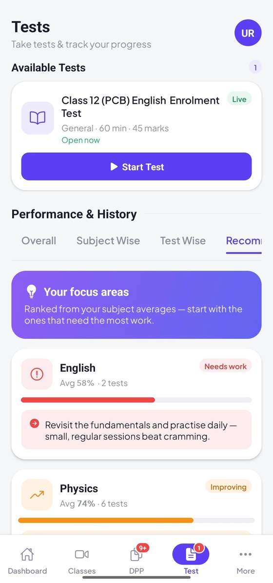 Tests and results in the app, with each subject&rsquo;s average ranked into focus areas and a suggestion for the weakest