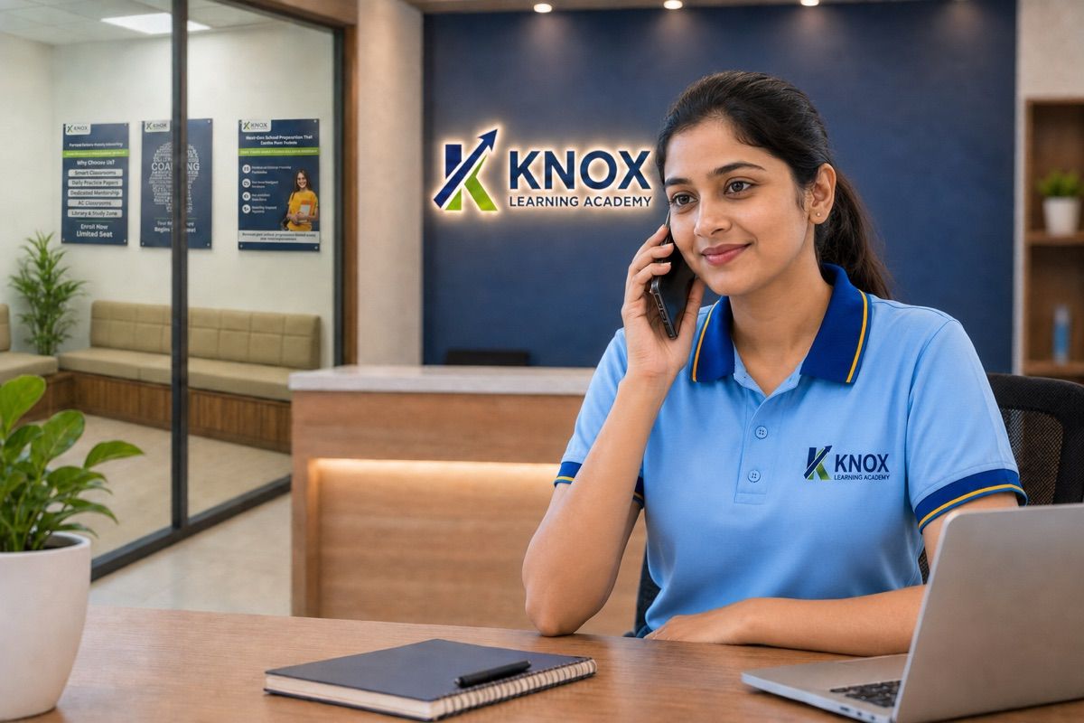 Knox Learning Academy reception in Bettiah — a team member taking an admissions enquiry call
