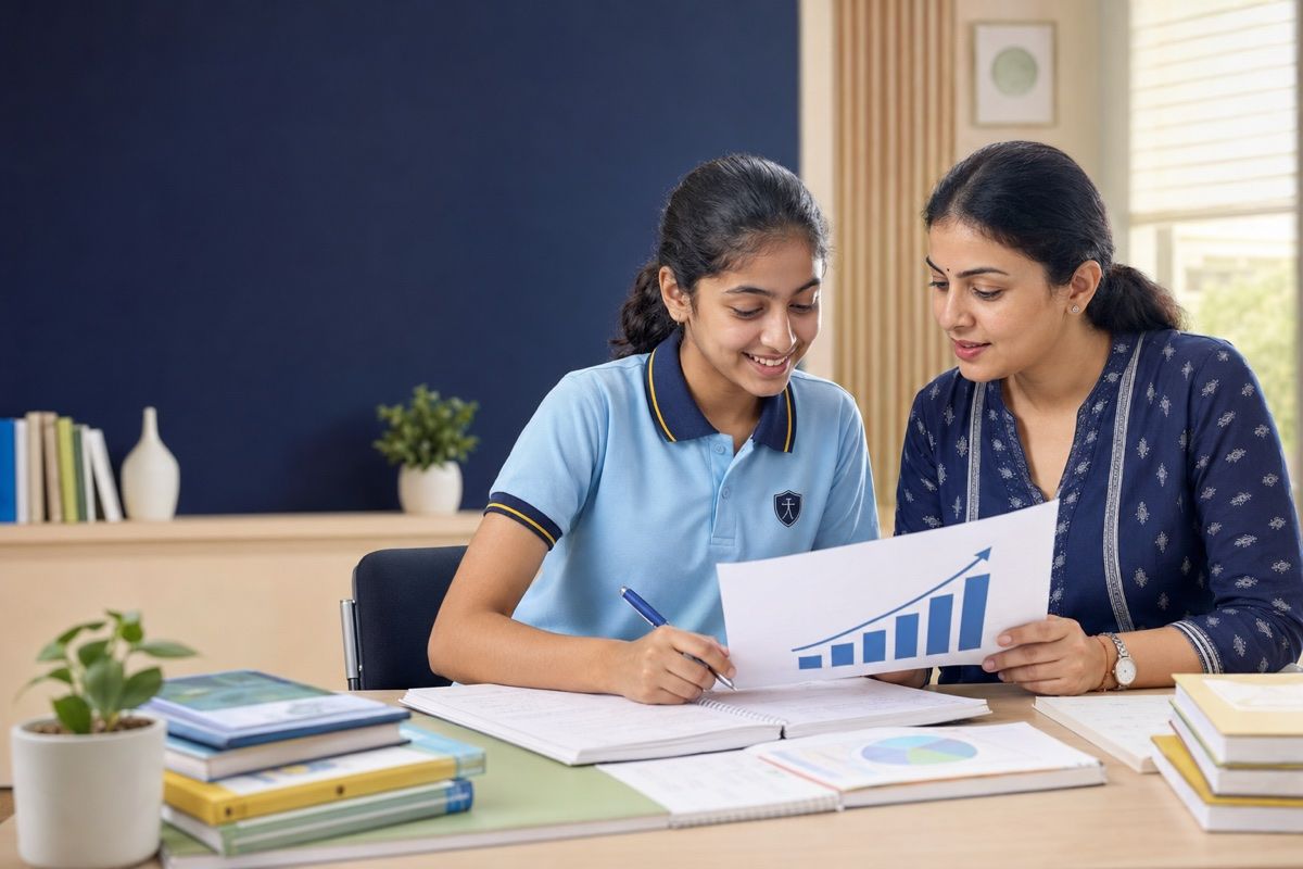 A parent and student looking at a progress chart